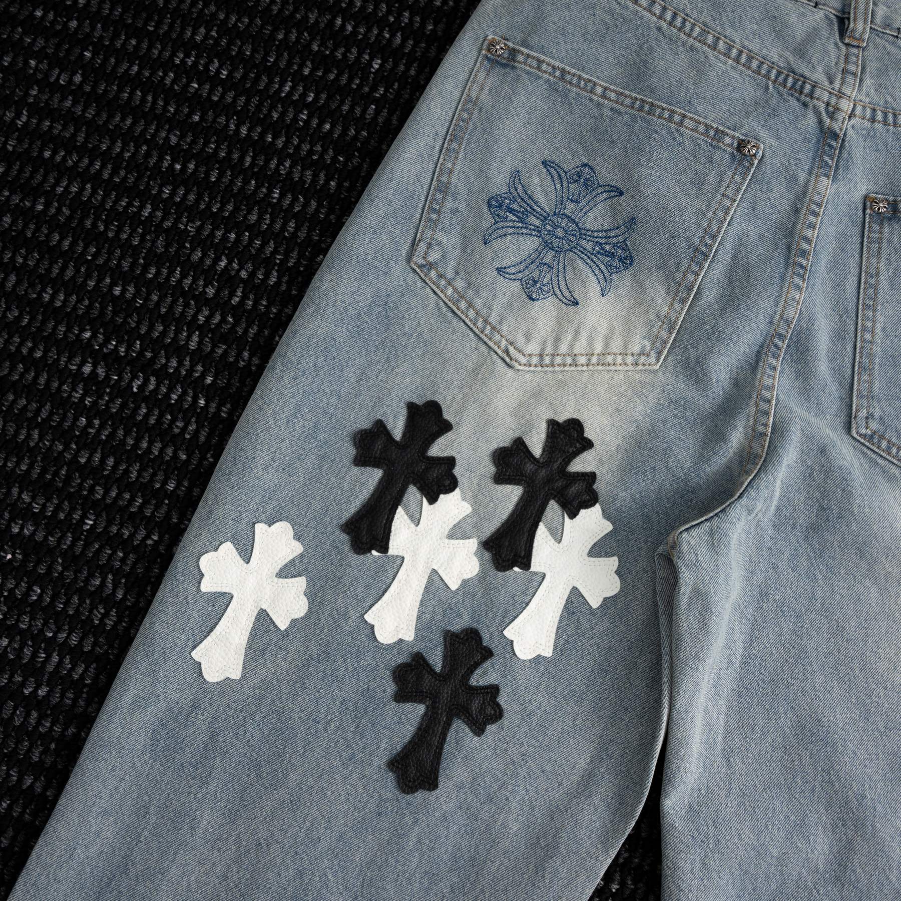Chrome Hearts Cross Applique Light Blue Jeans — detail