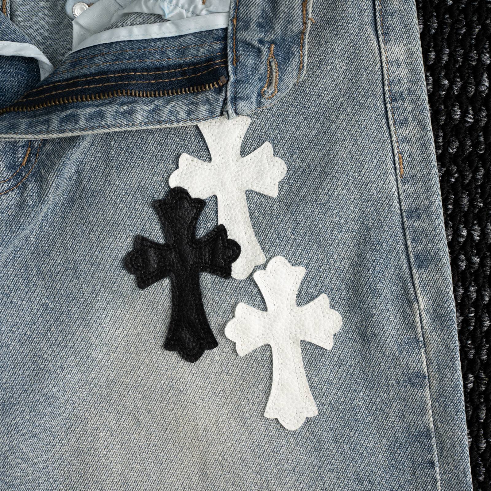 Chrome Hearts Cross Applique Light Blue Jeans — detail