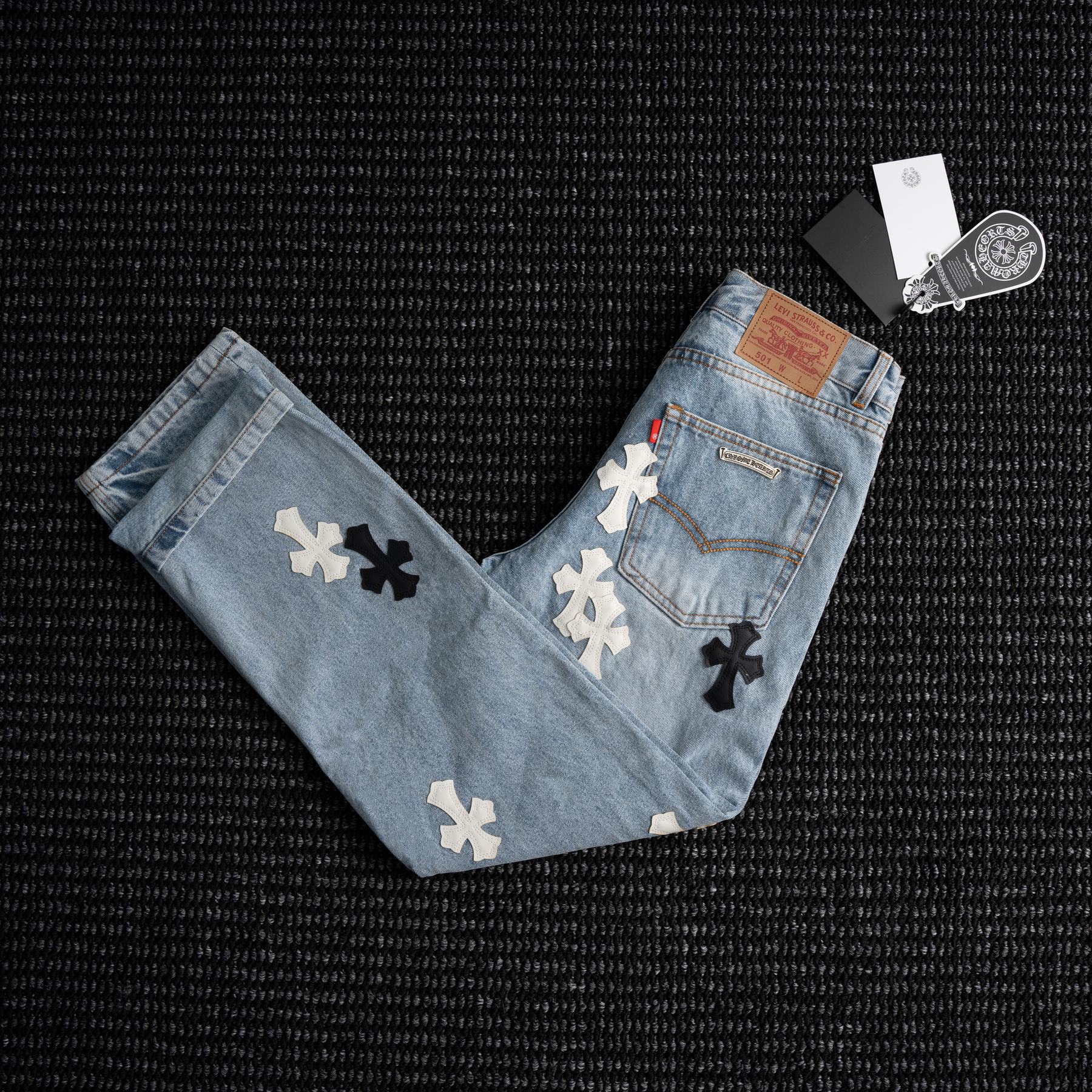 Chrome Hearts Cross Applique Light Blue Jeans — front
