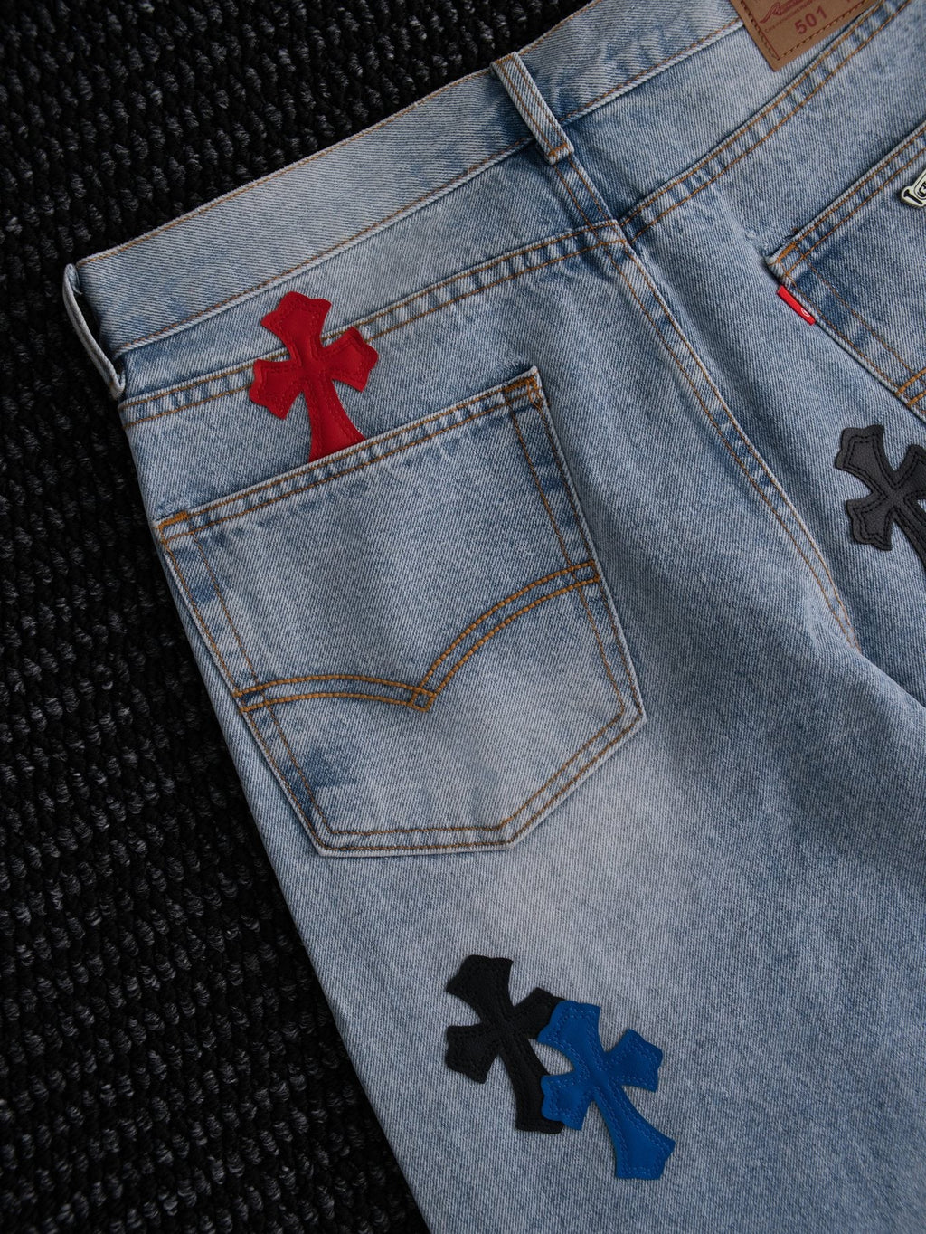Chrome Hearts Light Blue Cross Patch Jeans — detail