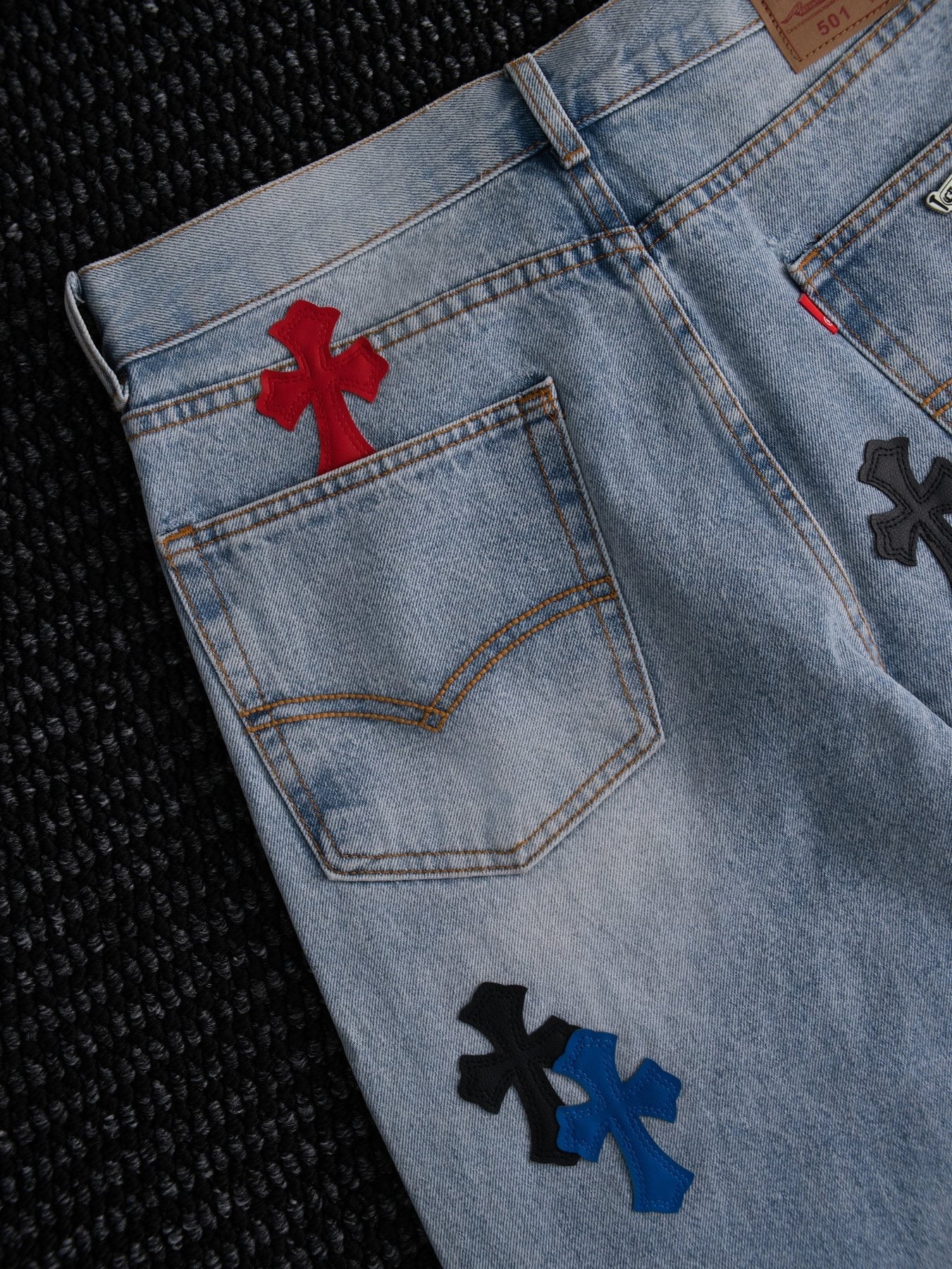 Chrome Hearts Light Blue Cross Patch Jeans — detail