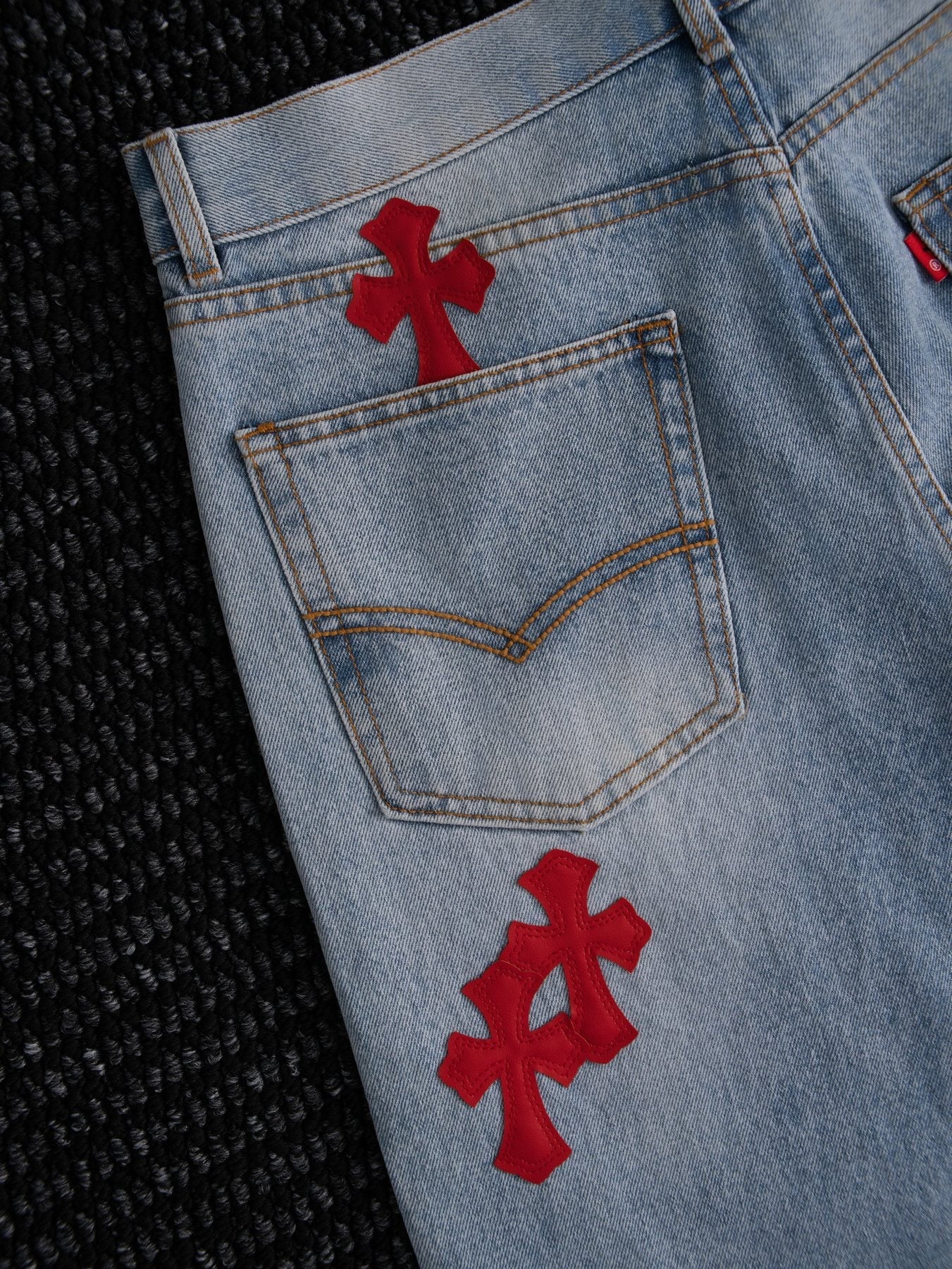 Chrome Hearts Light Blue Cross Patch Jeans — detail
