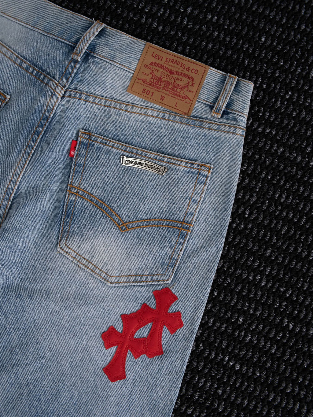 Chrome Hearts Light Blue Cross Patch Jeans — detail