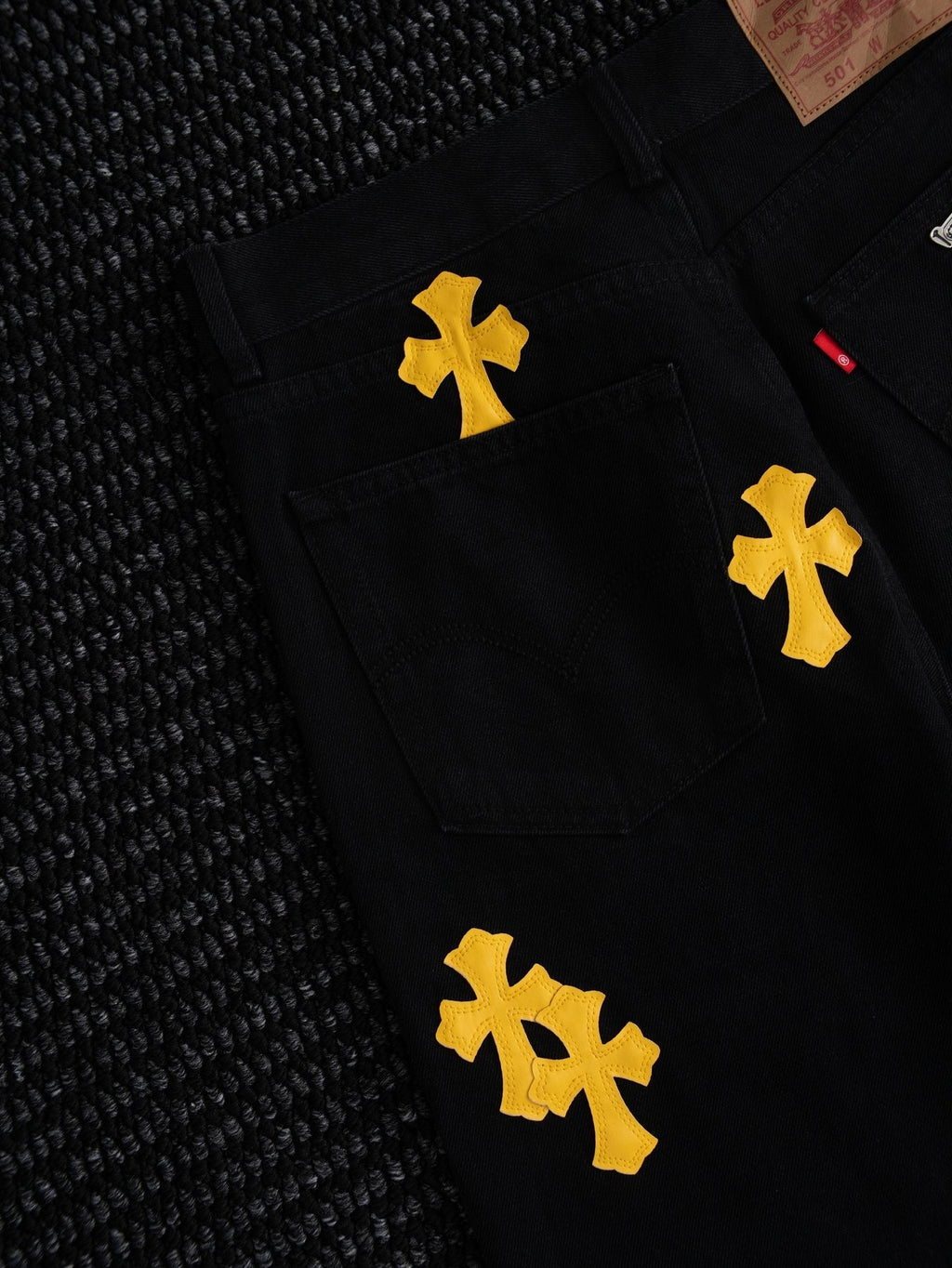 Chrome Hearts Yellow Cross Patch Black Jeans — detail