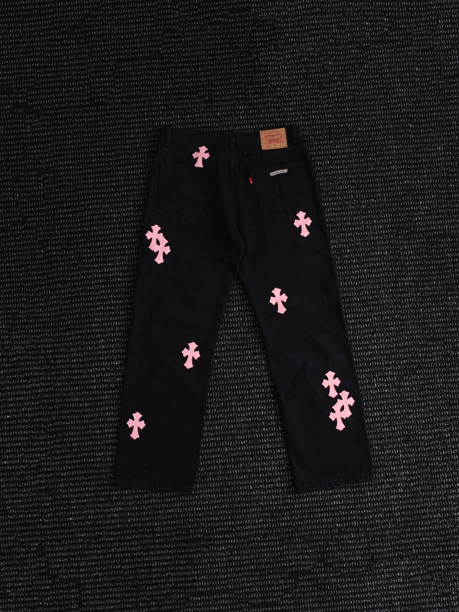 Chrome Hearts Pink Cross Patch Black Jeans — hero