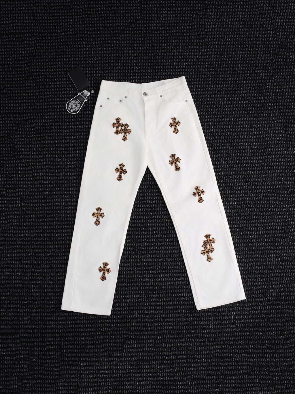 Chrome Hearts Leopard Cross Patch White Jeans — hero