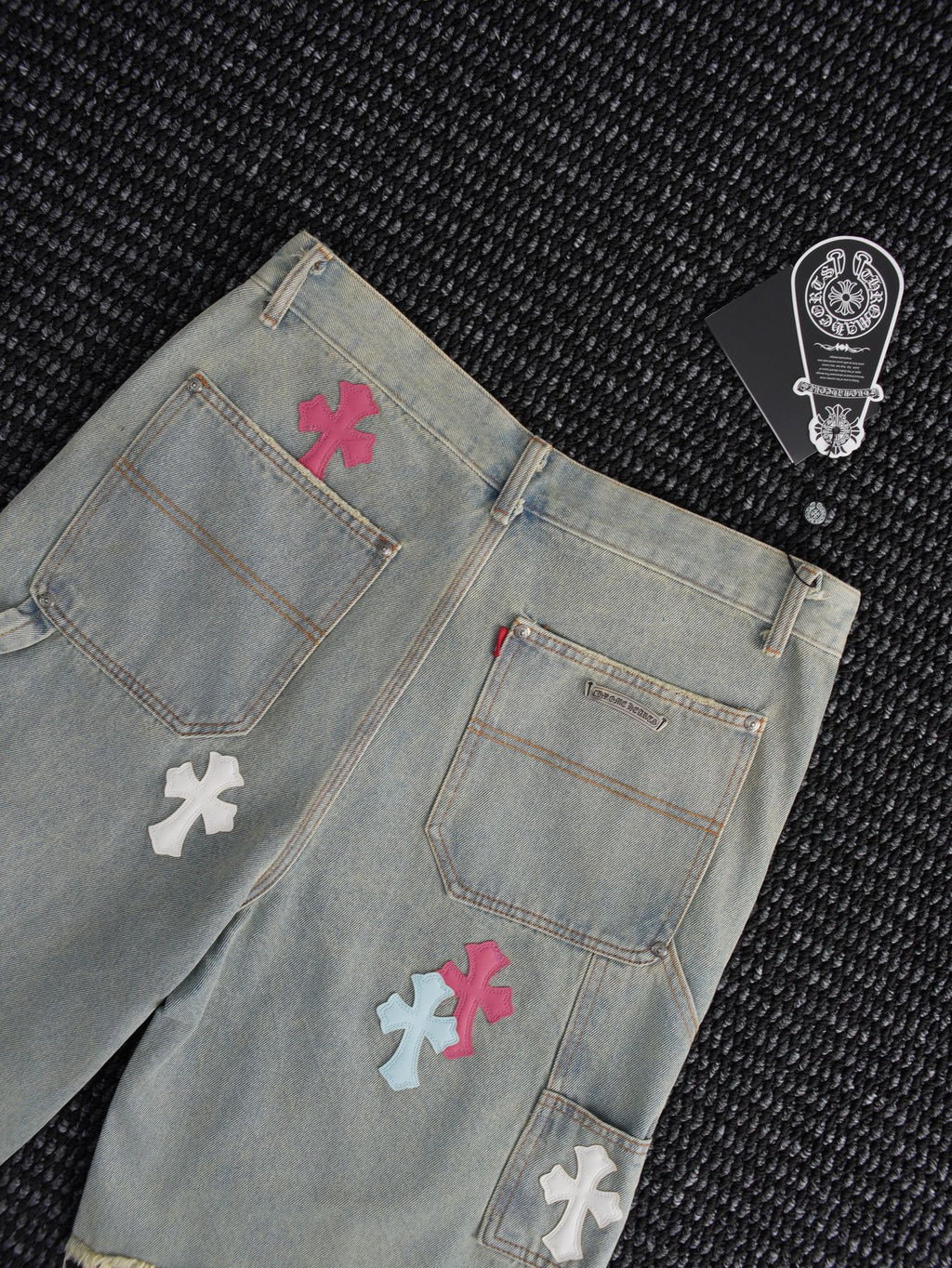 Chrome Hearts Cross Patch Light Blue Denim Shorts — detail