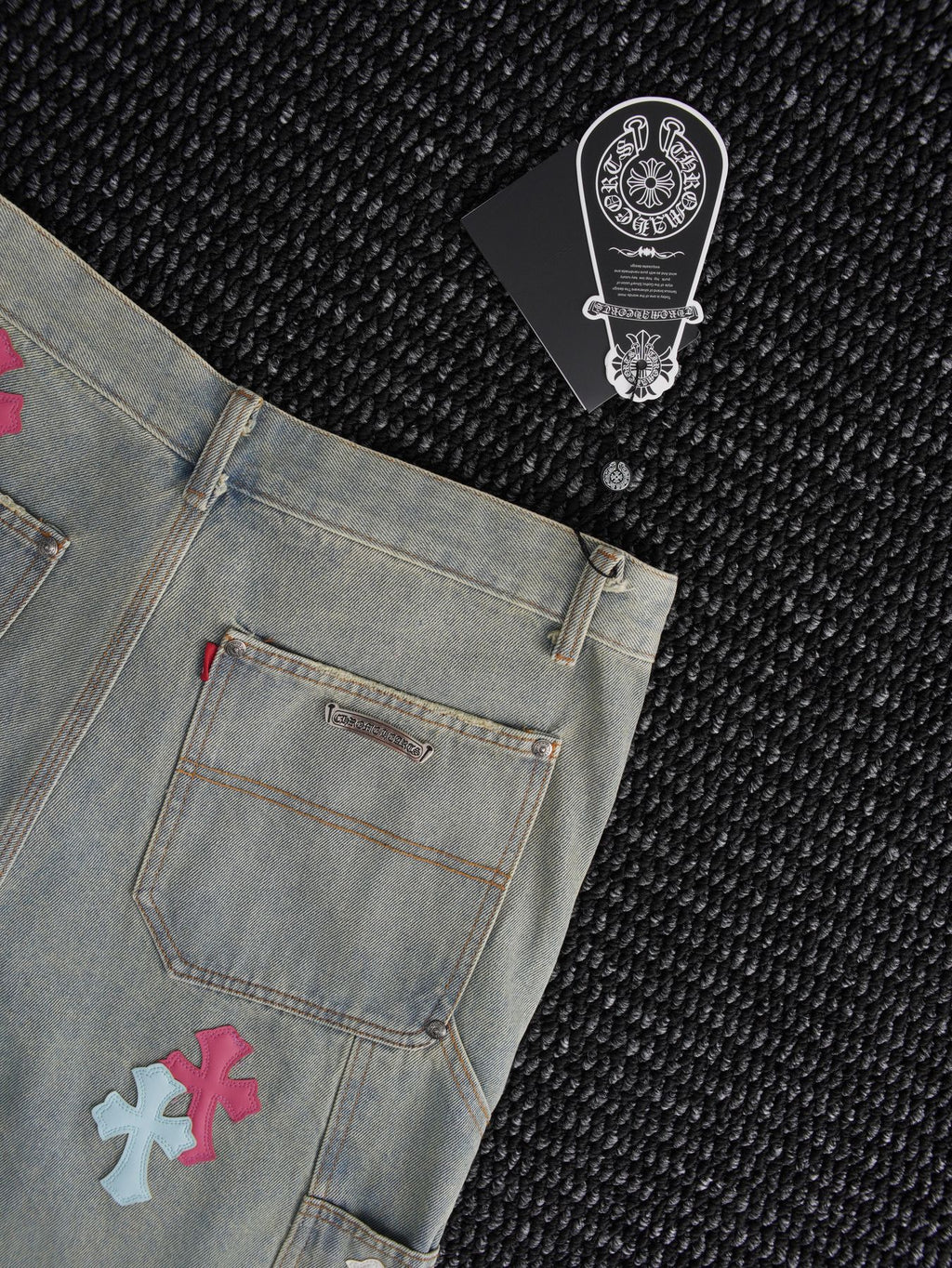 Chrome Hearts Cross Patch Light Blue Denim Shorts — detail