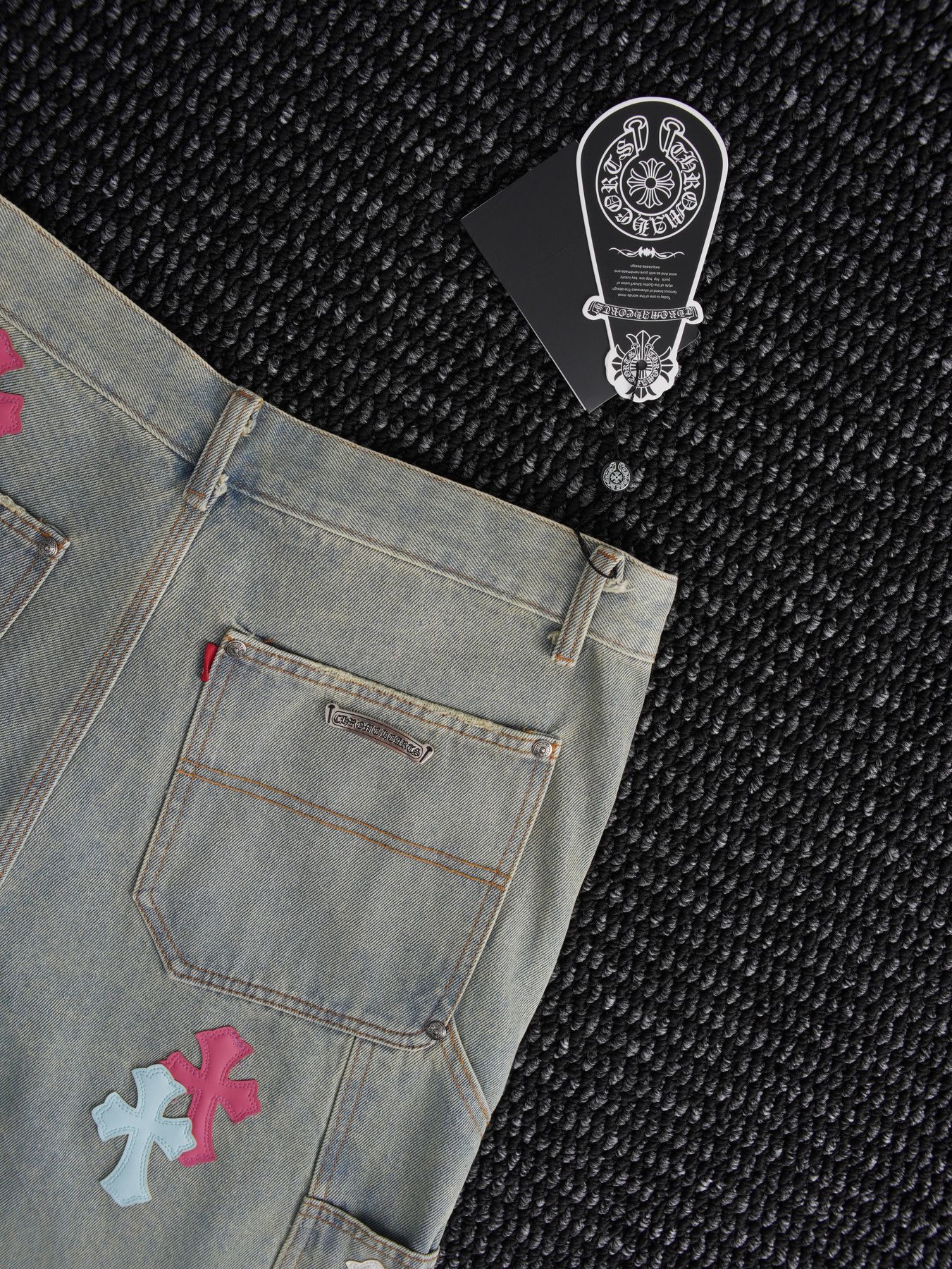 Chrome Hearts Cross Patch Light Blue Denim Shorts — detail