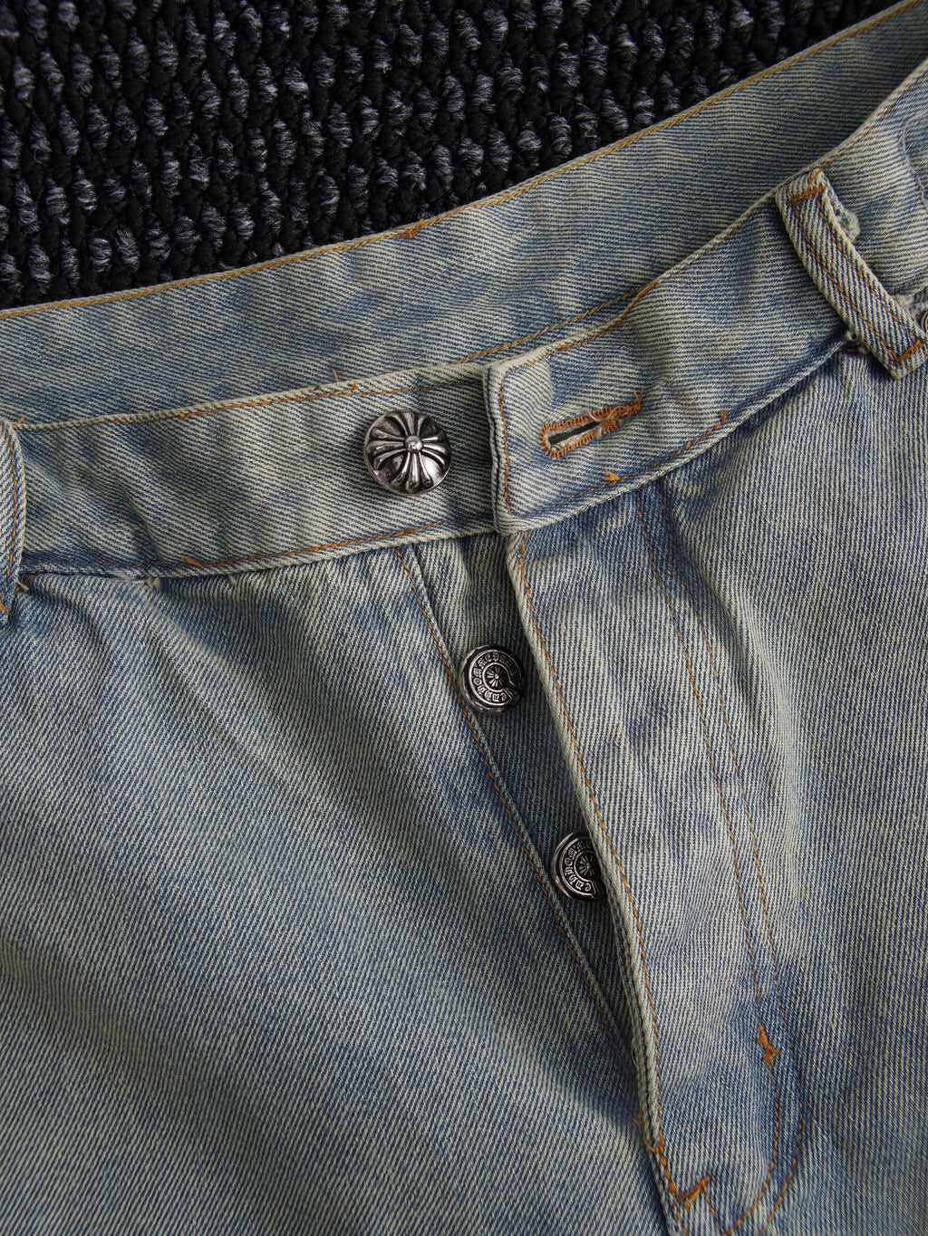 Chrome Hearts Cross Patch Light Blue Denim Shorts — detail