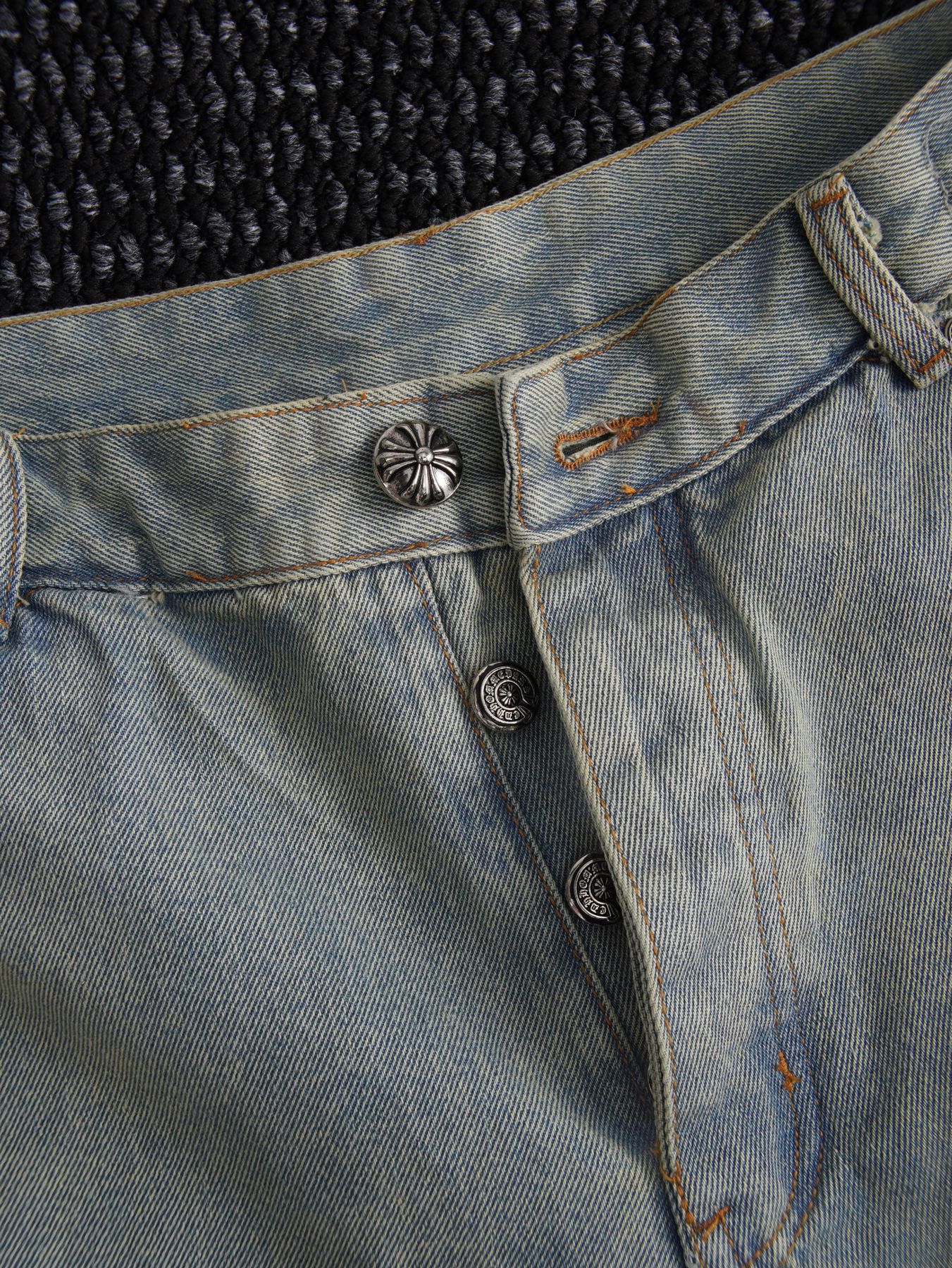 Chrome Hearts Cross Patch Light Blue Denim Shorts — detail
