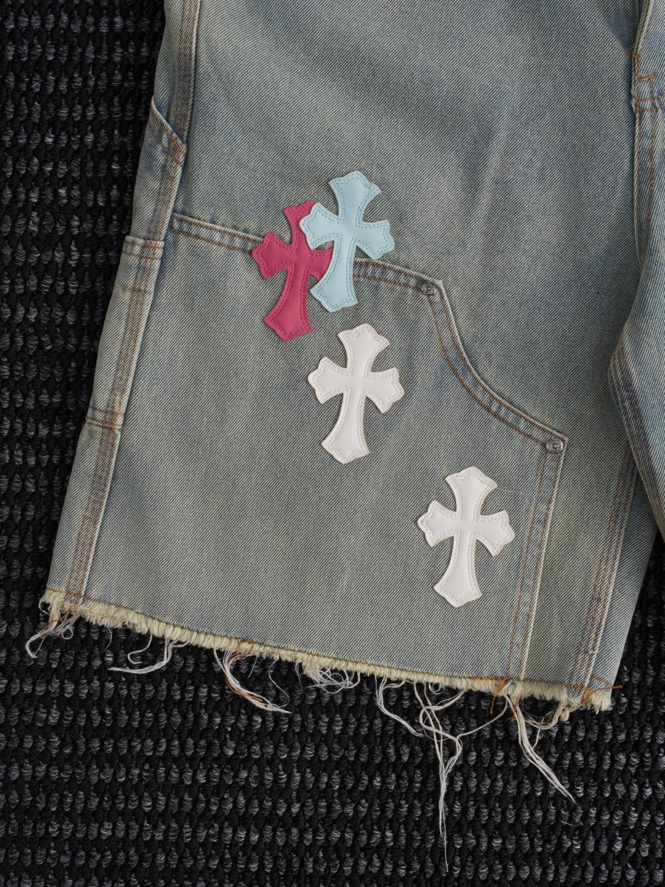 Chrome Hearts Cross Patch Light Blue Denim Shorts — detail