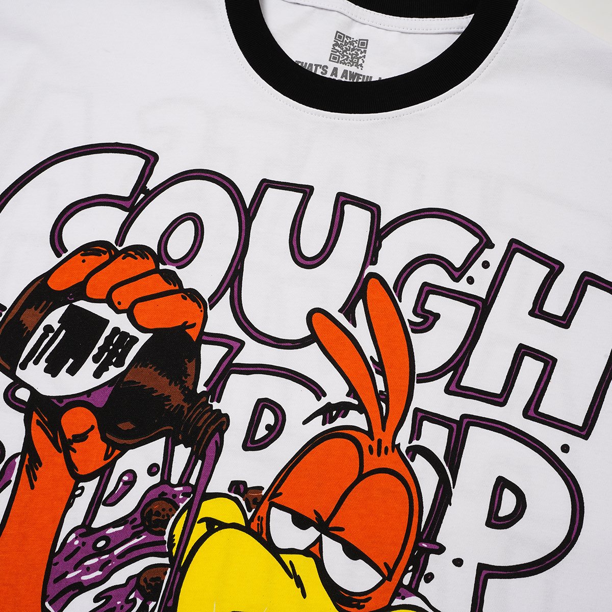 THAT'S A AWFUL LOT OF COUGH SYRUP Cartoon Ringer T-Shirt — detail