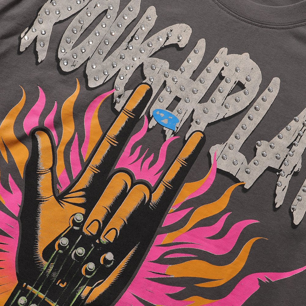 Rough Play Rock Hand Guitar Rhinestone Graphic T-Shirt — detail