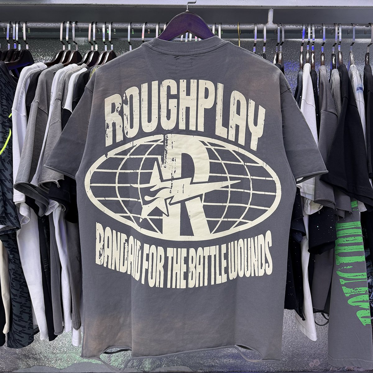 Rough Play Rock Hand Guitar Rhinestone Graphic T-Shirt — context