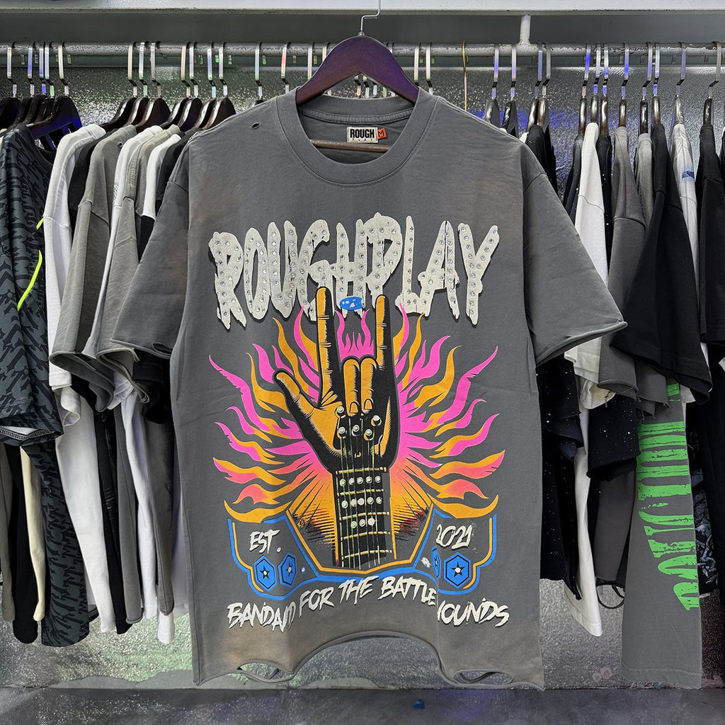 Rough Play Rock Hand Guitar Rhinestone Graphic T-Shirt — context