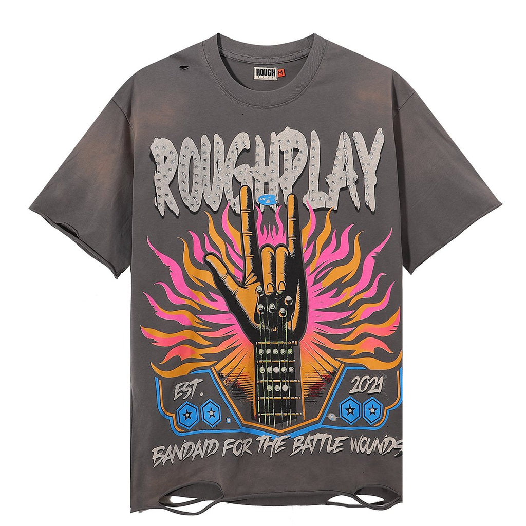 Rough Play Rock Hand Guitar Rhinestone Graphic T-Shirt — hero