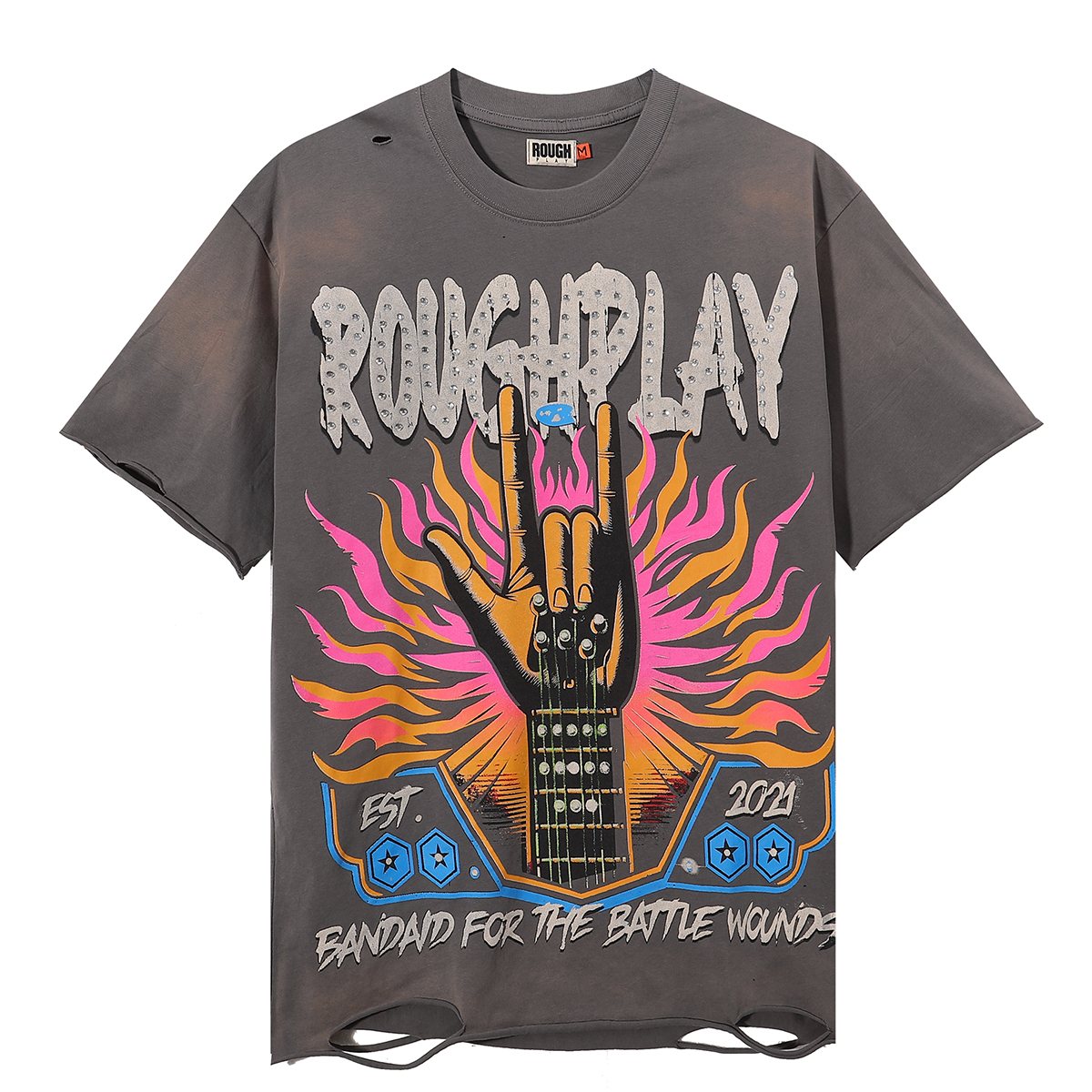 Rough Play Rock Hand Guitar Rhinestone Graphic T-Shirt — hero