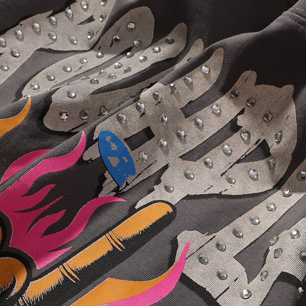 Rough Play Rock Hand Guitar Rhinestone Graphic T-Shirt — detail