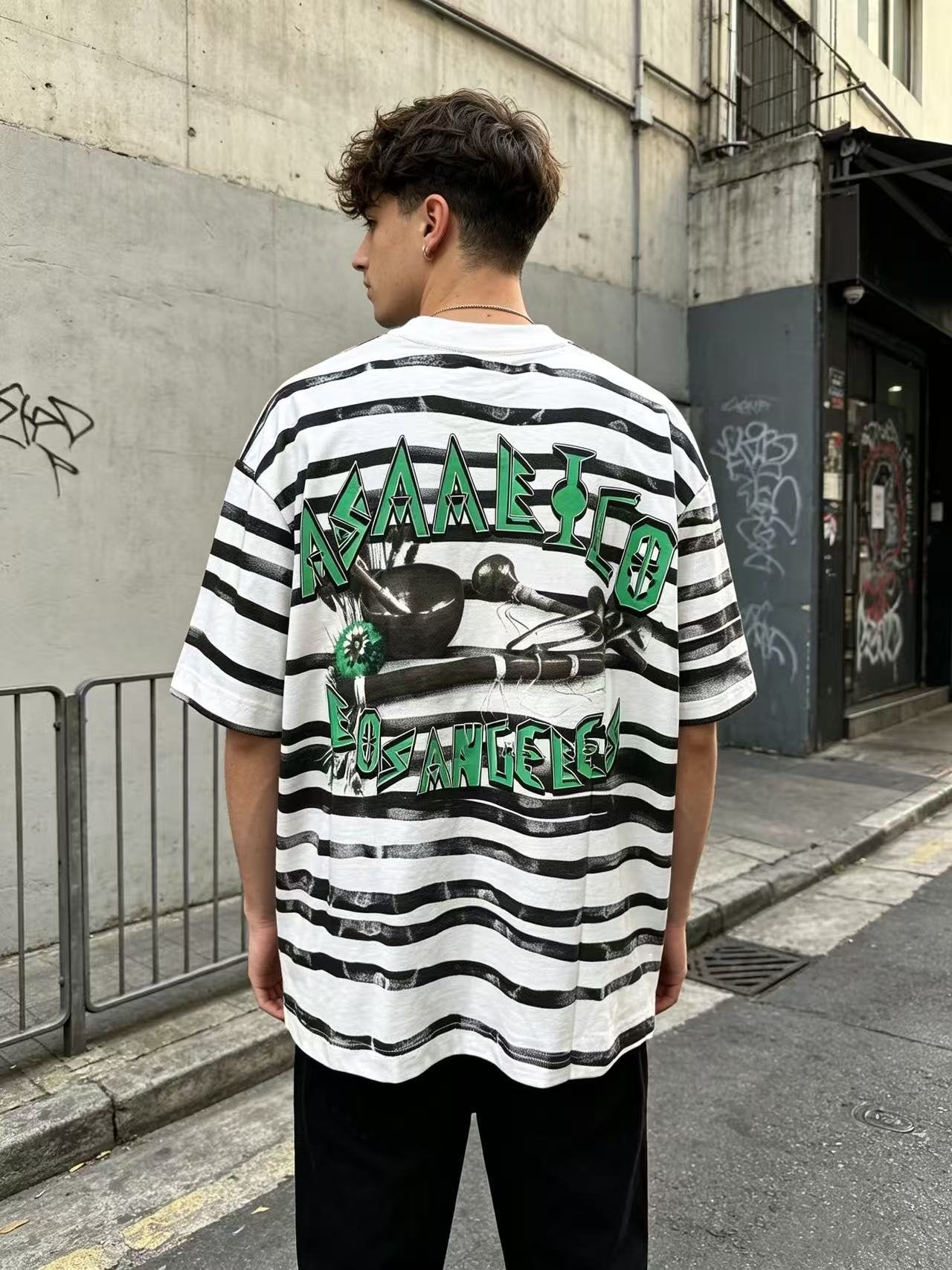 ASAALL Striped Front & Back Graphic T-Shirt — model