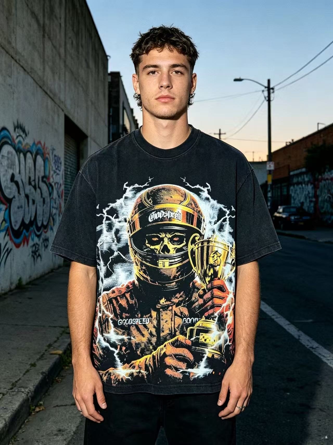 Godspeed Racing Skull Trophy Graphic T-Shirt — model
