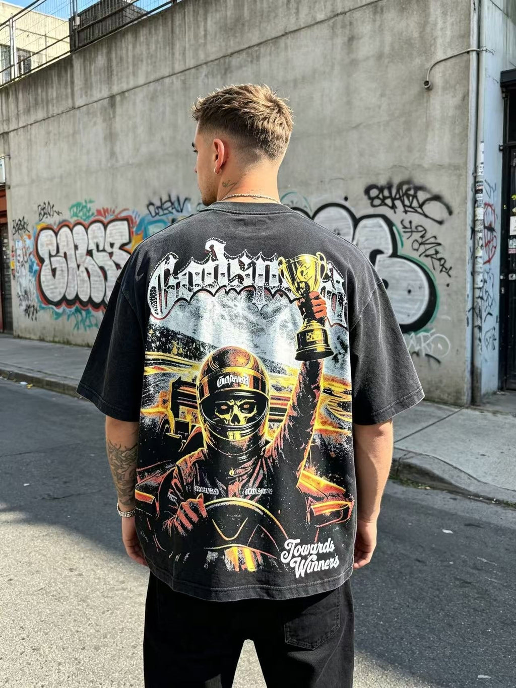 Godspeed Racing Skull Trophy Graphic T-Shirt — model