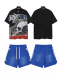Godspeed Skull Graphic T-Shirt and Blue Shorts Set — front