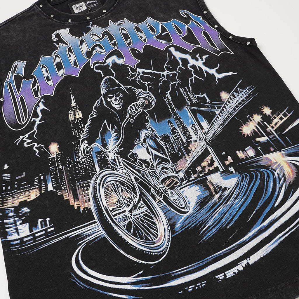 Godspeed Manifest Skull Studded Black Sleeveless T-Shirt — detail