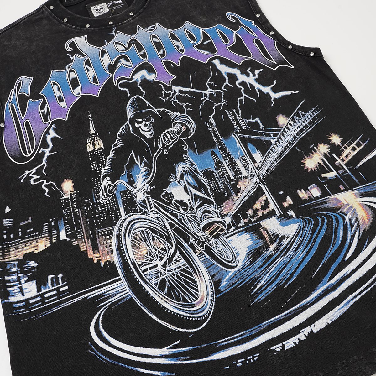 Godspeed Manifest Skull Studded Black Sleeveless T-Shirt — detail
