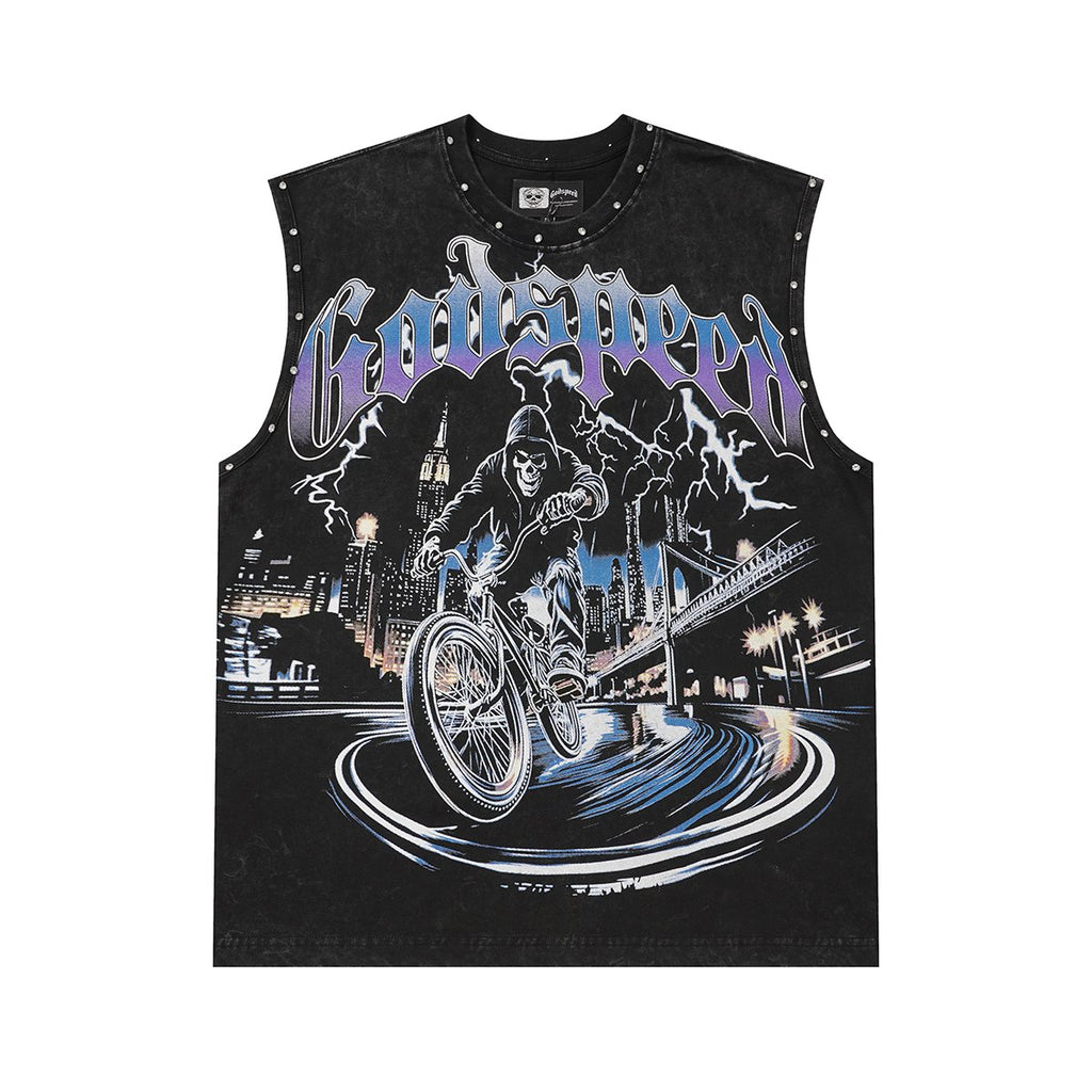 Godspeed Manifest Skull Studded Black Sleeveless T-Shirt — hero
