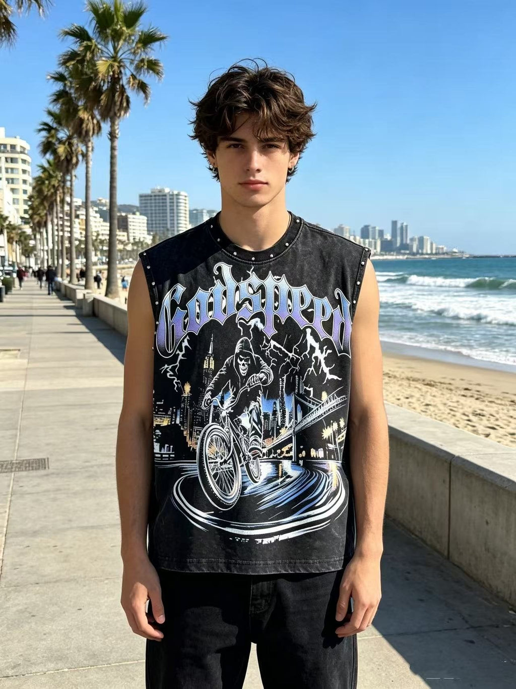 Godspeed Manifest Skull Studded Black Sleeveless T-Shirt — model