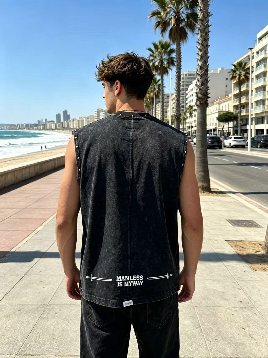 Godspeed Manifest Skull Studded Black Sleeveless T-Shirt — model