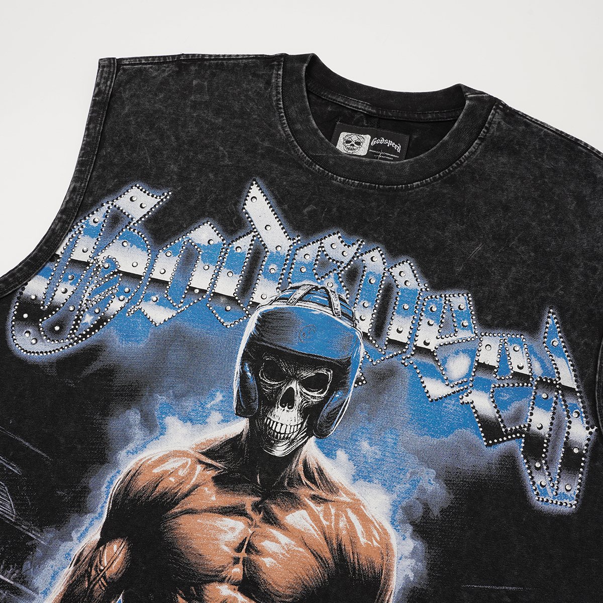Godspeed Boxer Skull Graphic Acid-Wash Sleeveless T-Shirt — detail