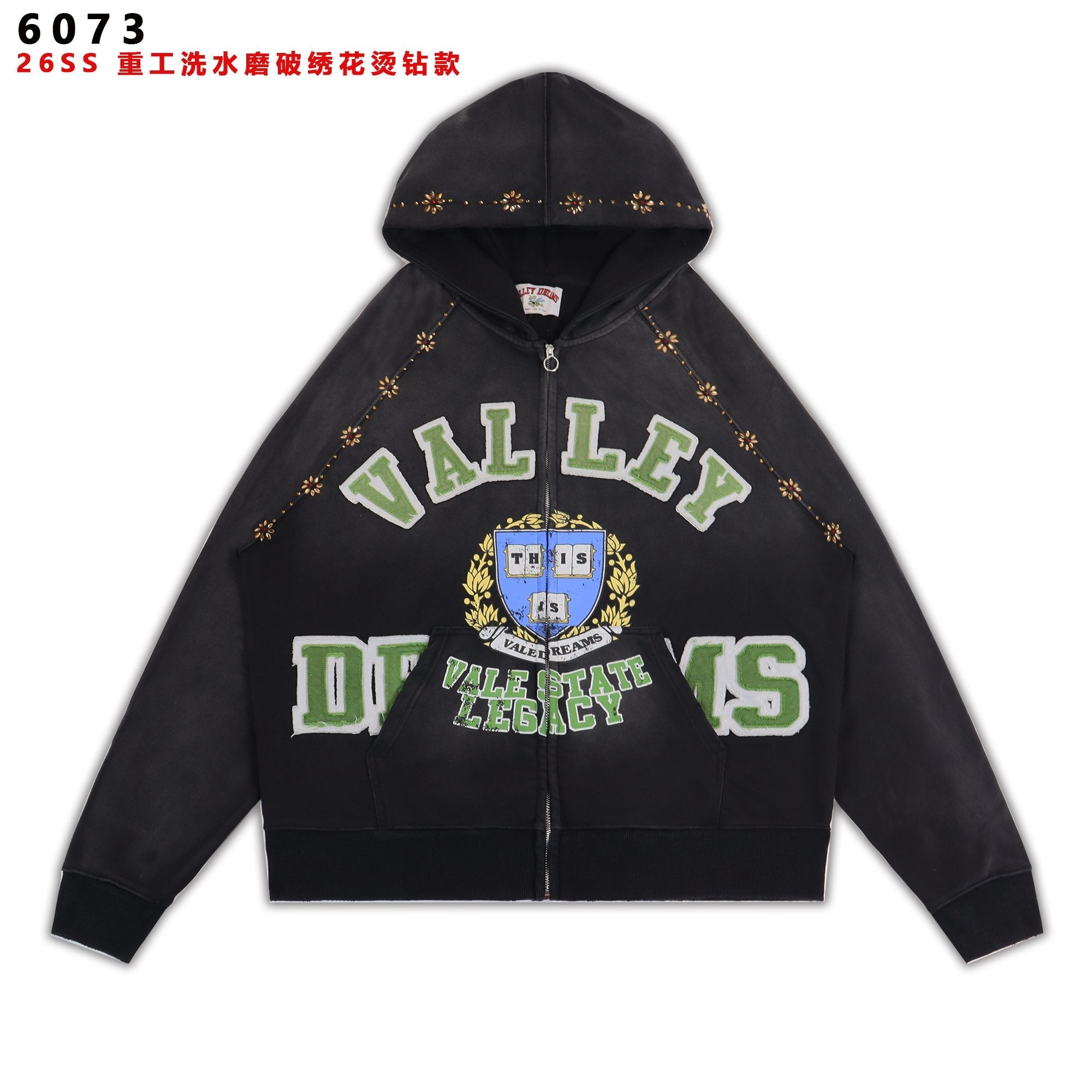 Valley Dreams Washed Black Collegiate Crest Zip Hoodie — hero