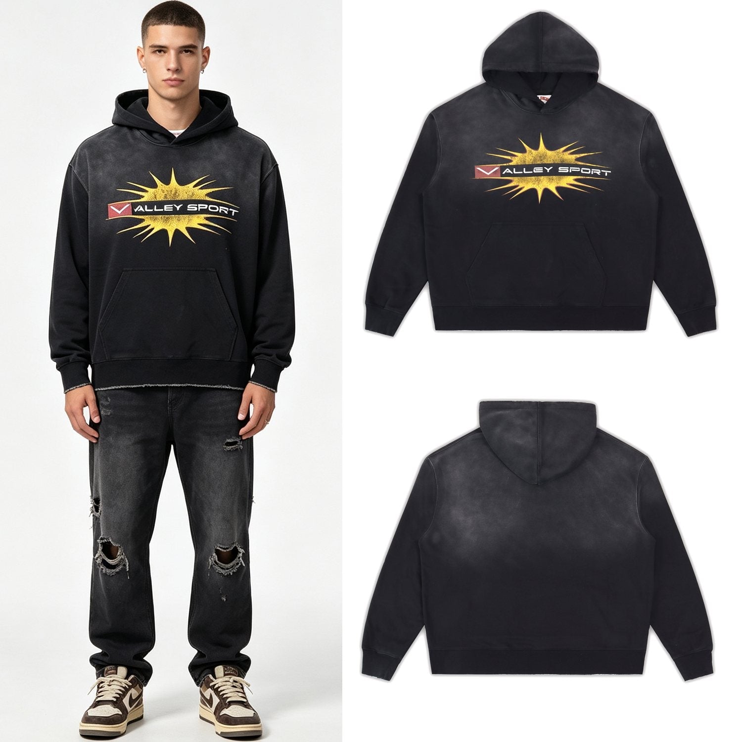 Valley Dreams Starburst Graphic Washed Black Hoodie — context