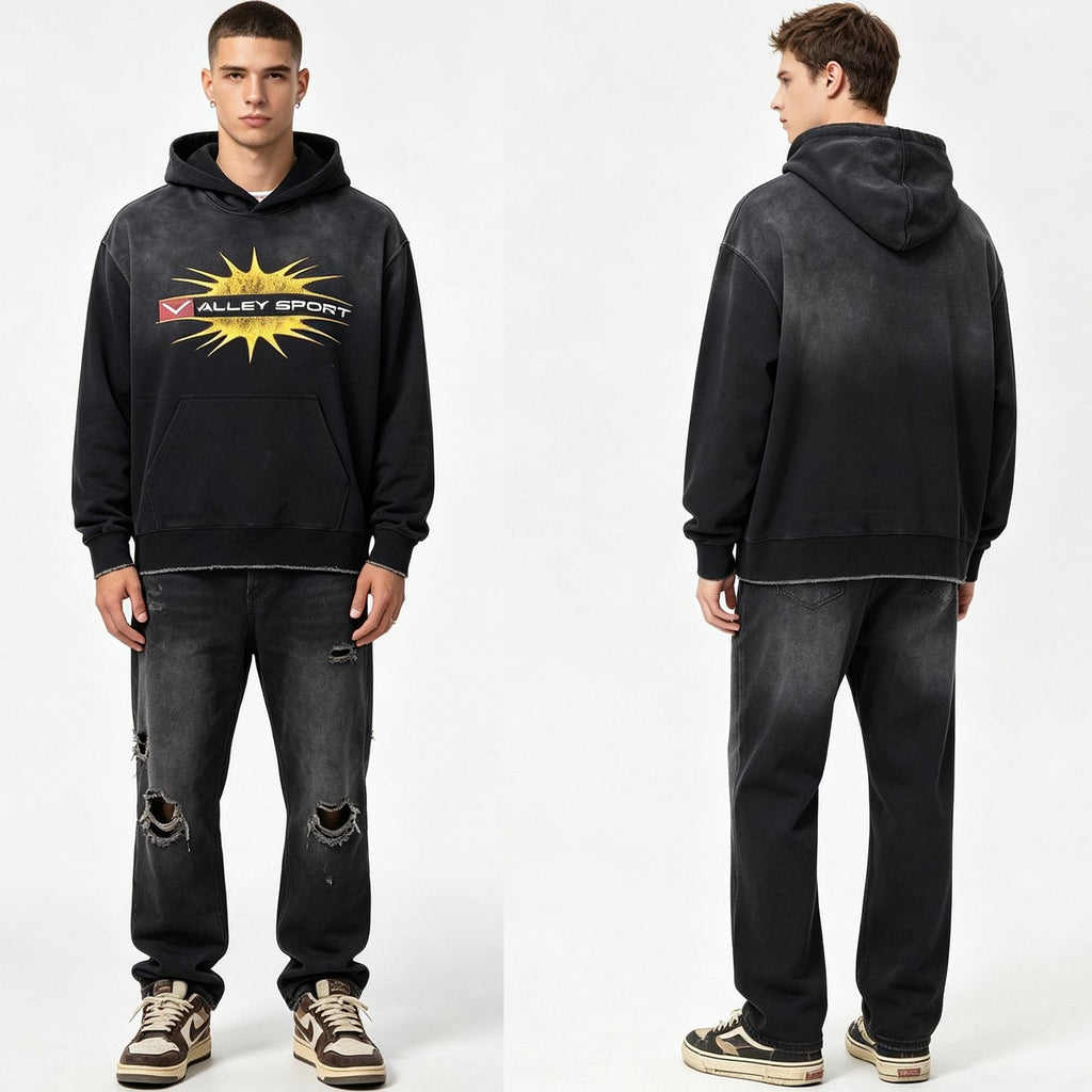 Valley Dreams Starburst Graphic Washed Black Hoodie — model