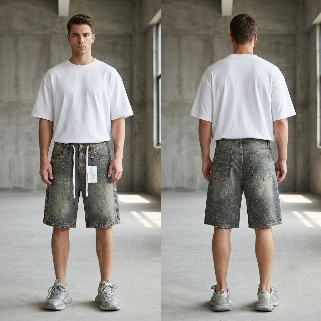 VALLEY Rhinestone Splatter Washed Denim Shorts — context