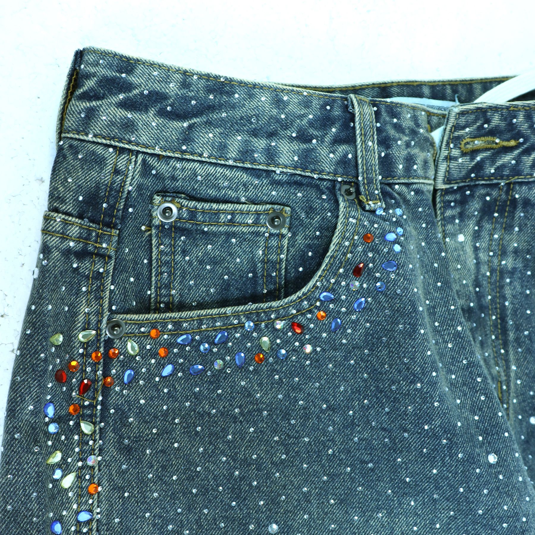 VALLEY Rhinestone Splatter Washed Denim Shorts — detail
