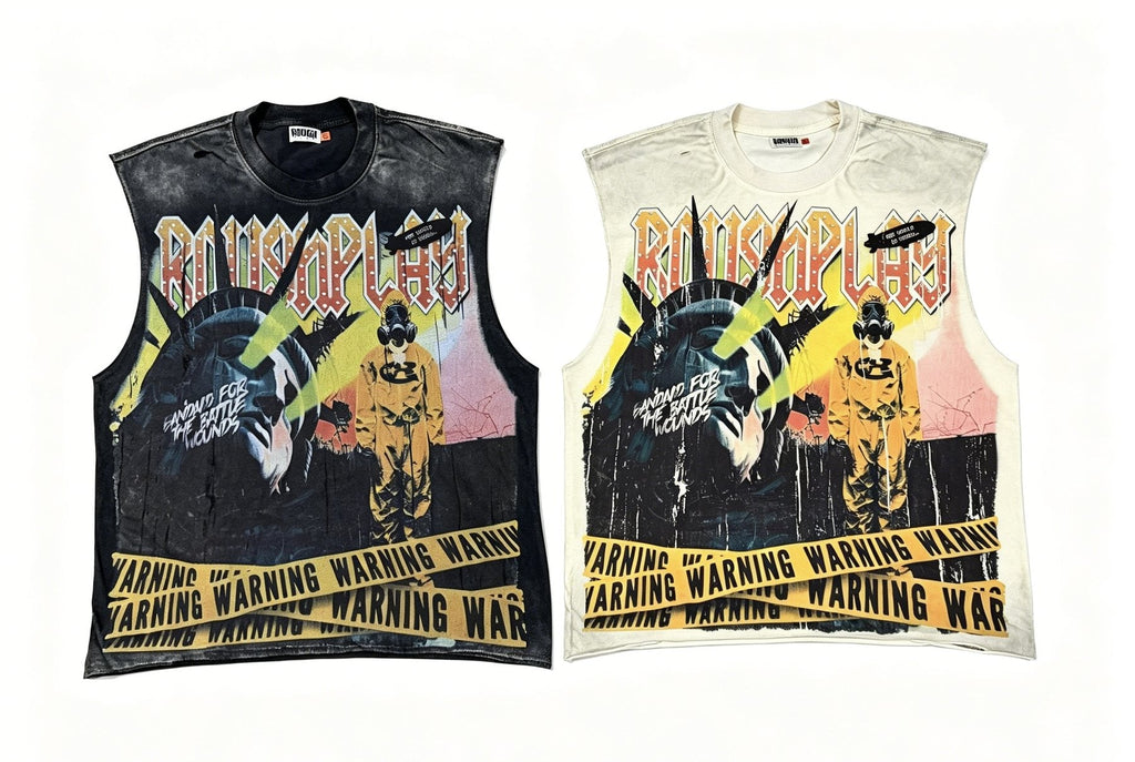 Rough Play Warning Globe Graphic Sleeveless T-Shirt — comparison