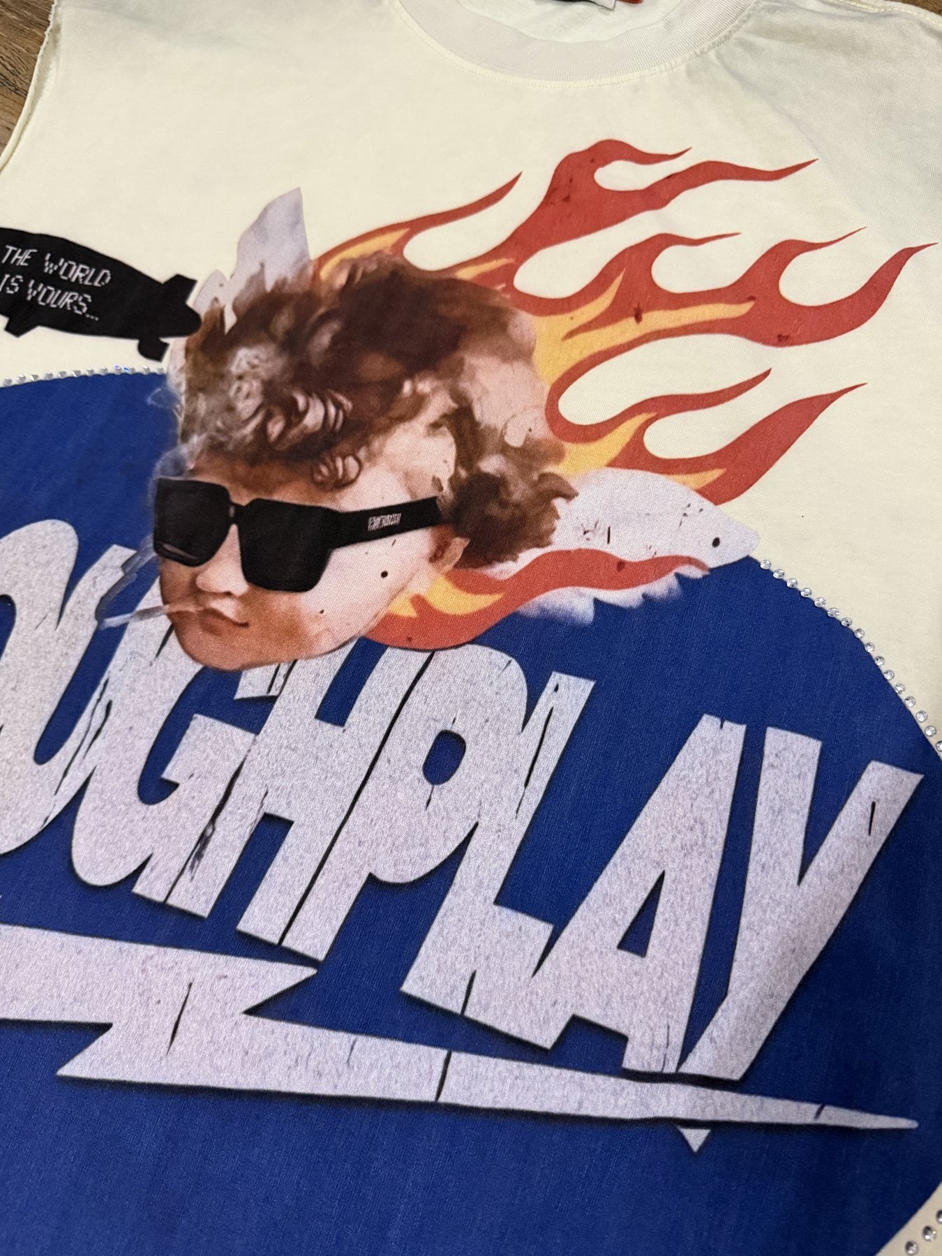 Rough Play Face & Flame Sleeveless T-Shirt — detail