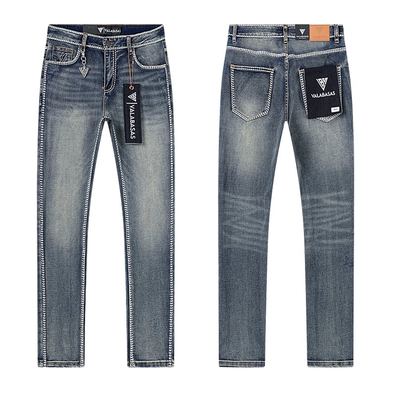VALABASAS Washed Blue Contrast-Stitch Jeans — hero