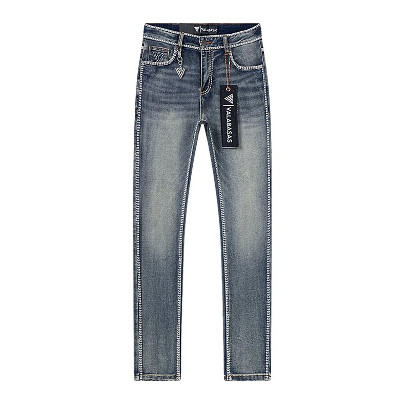 VALABASAS Washed Blue Contrast-Stitch Jeans — front