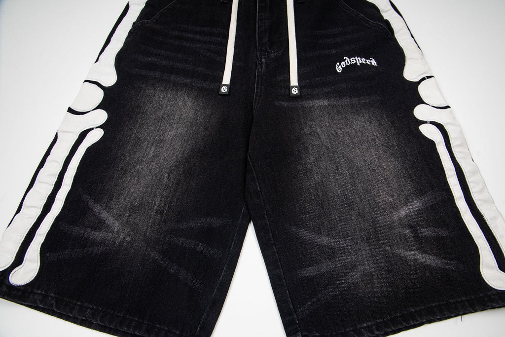 Godspeed Bone Applique Denim Shorts — detail