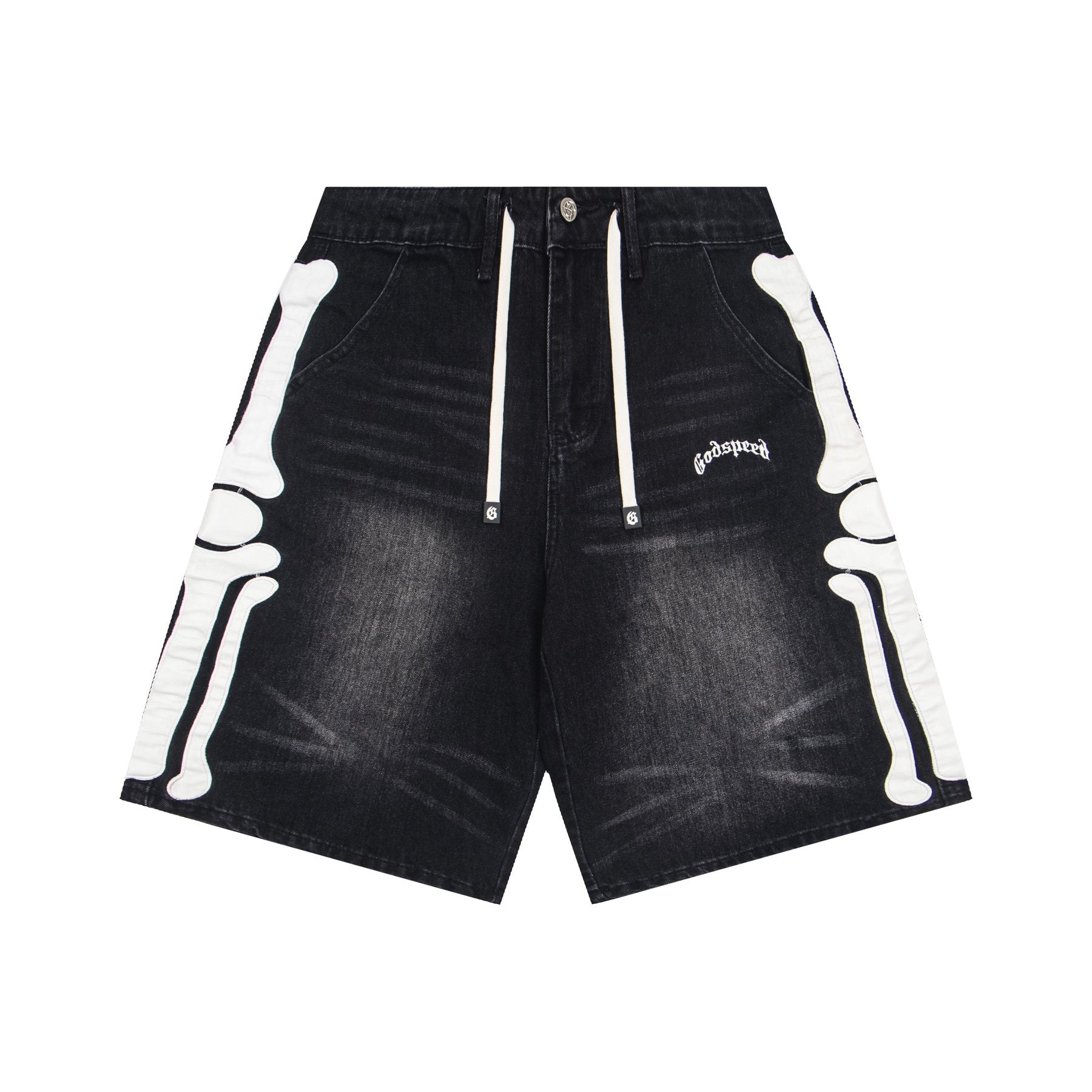 Godspeed Bone Applique Denim Shorts — front