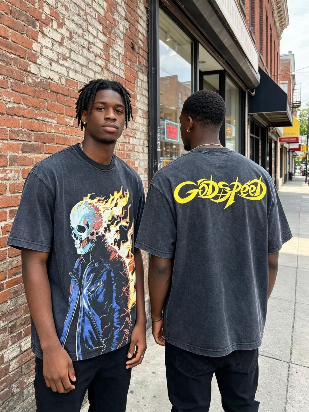 Godspeed Flaming Skull Washed Black Graphic T-Shirt — context