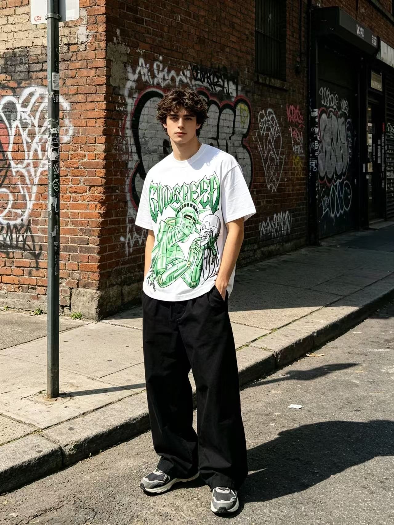 Godspeed Green Front Graphic White T-Shirt — model