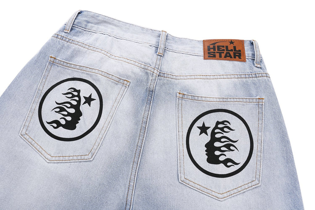 Hellstar Light Blue Washed Graphic Jeans — detail