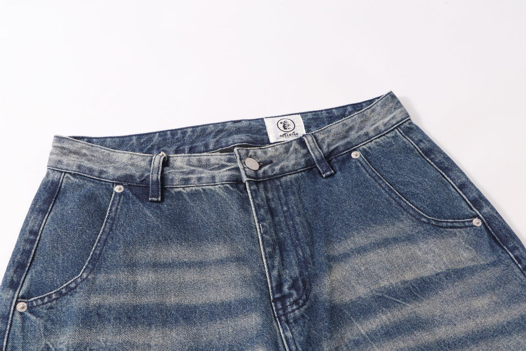 Hellstar Washed Blue Distressed Straight-Leg Jeans — detail