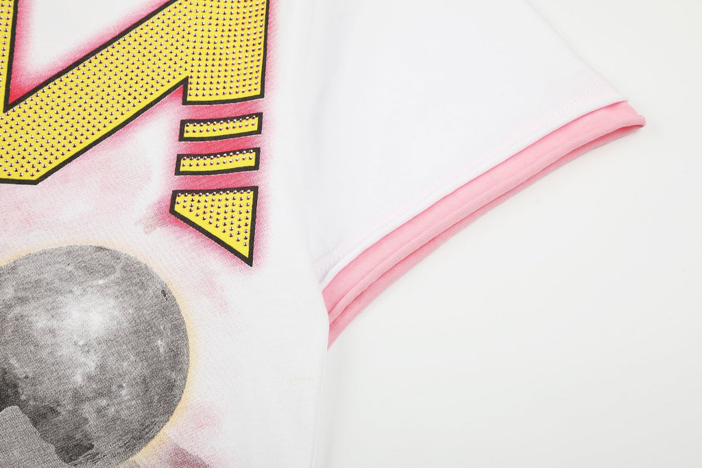 HARMONY Pink-Trim Distressed Graphic T-Shirt — detail