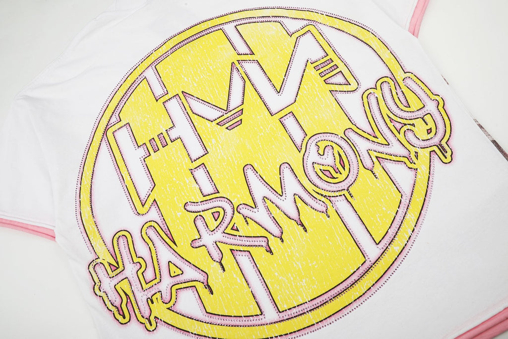 HARMONY Pink-Trim Distressed Graphic T-Shirt — detail